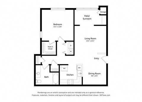Floor plan for 1 bed, 1 bath, 835 sqft